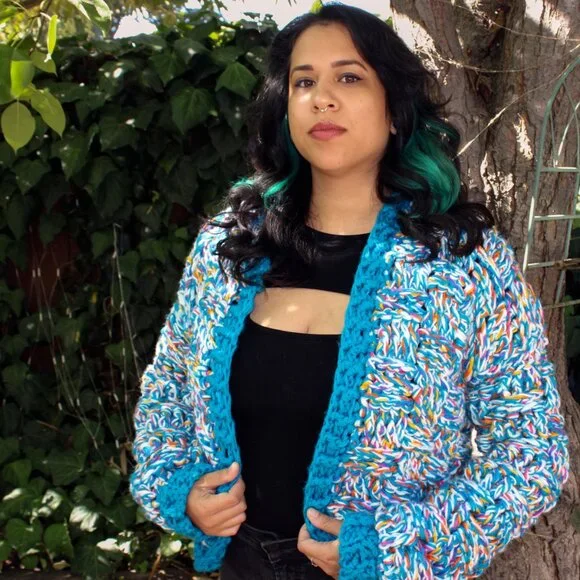 NWT Handmade Crochet Blue Feral Medium Bomber Jacket Sweater Cardigan Chunky
